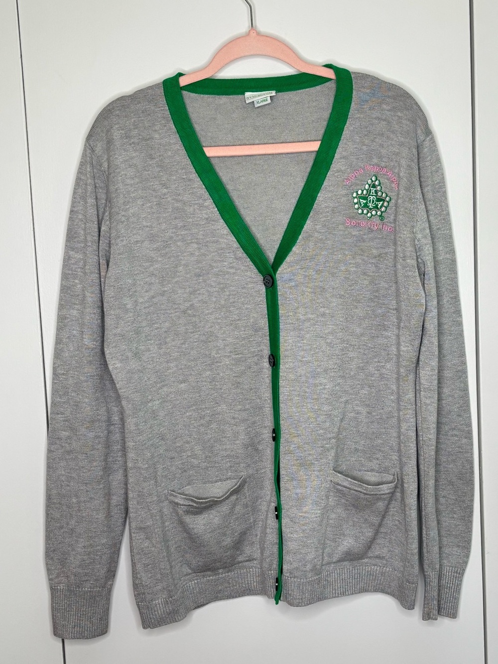 Grey Ivy Storehouse Alpha Kappa Cardigan with Green Trim & Embroidered Crest -XL
